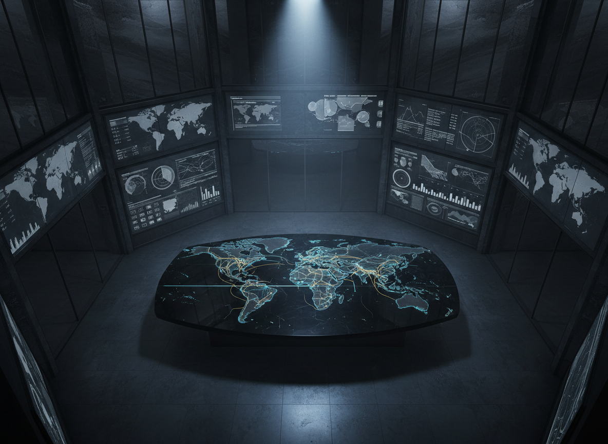 An aerial, photographic-realistic view of a secluded, ultra-modern financial command center: a vast dark stone table shaped like a discreetly stylized world map, inlaid with thin illuminated lines tracing global infrastructure corridors and capital flows. The table is set within a dimly lit, double-height room clad in smoked glass and charcoal stone, with floor-to-ceiling digital walls displaying muted, monochrome maps and macroeconomic indicators. A focused overhead light bathes the central table in a cool, surgical glow, leaving the perimeter in gentle shadow. The atmosphere is quiet, analytical, and sovereign in tone. Composition uses a wide-angle, top-down perspective with sharp focus throughout, emphasizing the geometry and interplay of light. The style is hyper-clean, minimalist, and unmistakably high-end.