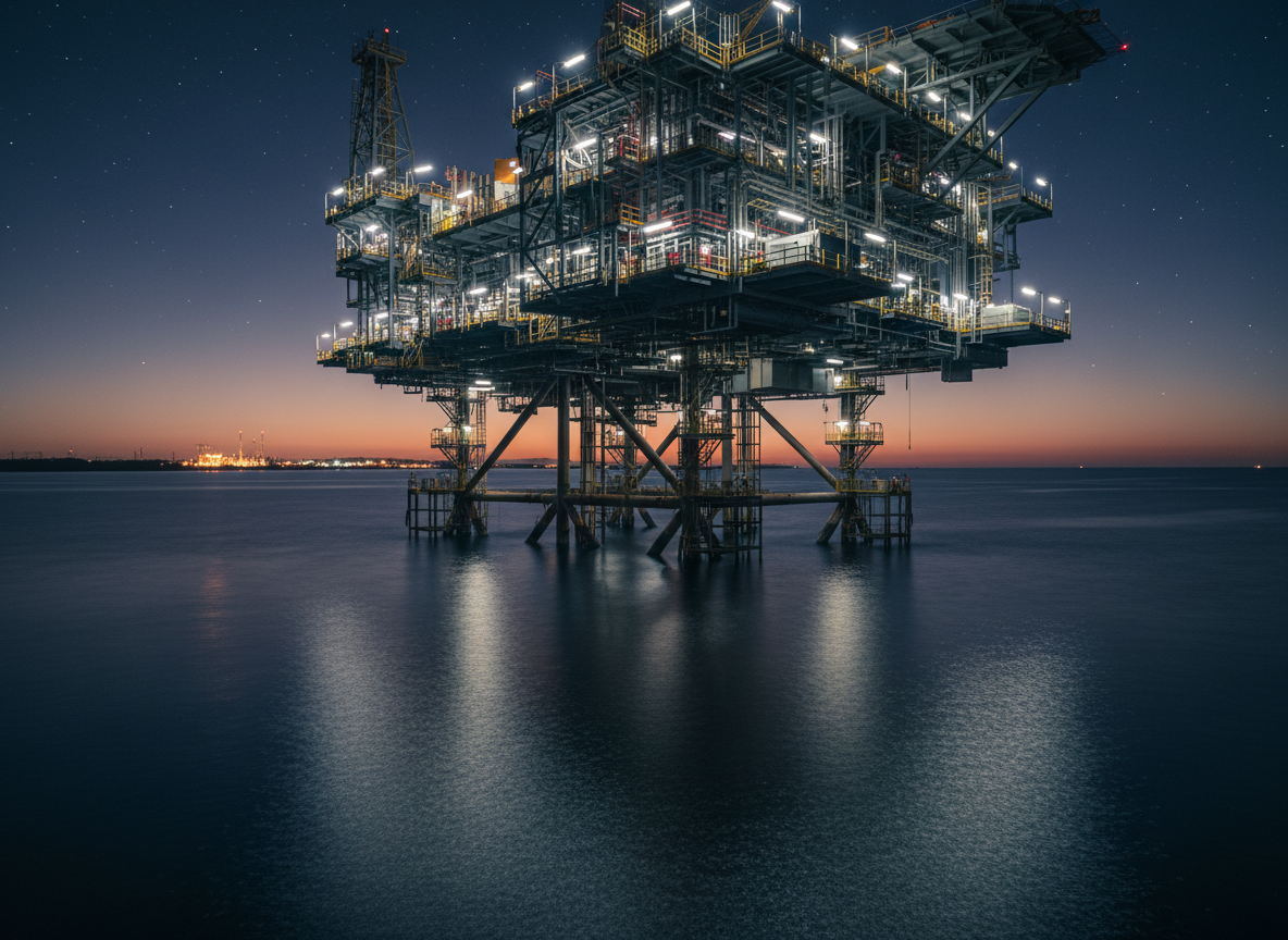 A hyper-realistic night-time scene of a vast, partially illuminated offshore energy platform rendered without people, its steel superstructure in deep graphite tones accented by subtle safety-yellow details. The rig rises from a calm, ink-blue sea whose surface reflects the constellation-like glow of strategically placed white work lights. In the distance, a faint coastline and a single, softly lit onshore substation hint at critical infrastructure integration. The sky is clear, with a thin band of twilight on the horizon. The lighting creates high-contrast highlights on metal beams and gentle specular reflections on the water, generating a mood of stoic resilience and sovereign capability. Captured from a low, cinematic angle with moderate depth of field, the composition balances massive scale with precise engineering detail in a polished, photographic style.